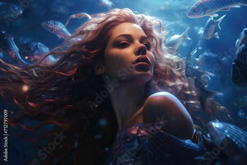 A beautiful mermaid swimming in a moonlit ocean, surrounded by a school of fish