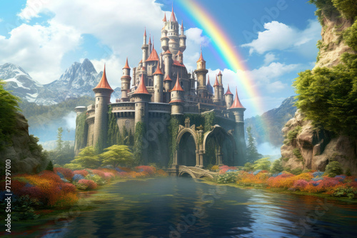 A magical castle surrounded by a moat with a rainbow bridge leading to it