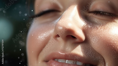 Macro shot of a clean face being sprayed with refreshing acne control mist.