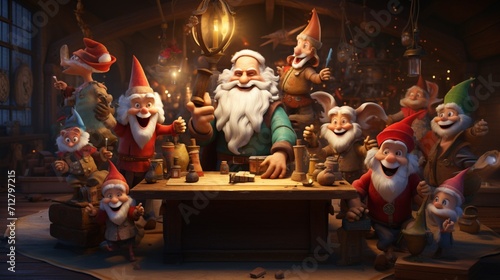 A whimsical 3D-rendered Santa Claus surrounded by animated, cheerful elves in a workshop.