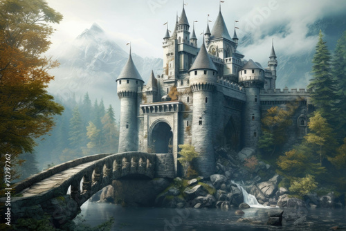 A magical castle with a drawbridge and towers, surrounded by a misty forest photo