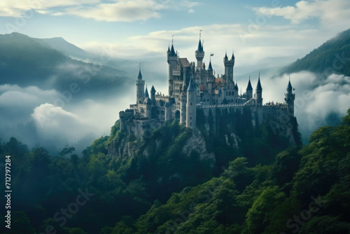 A majestic castle in a faraway land, surrounded by lush green forests and a mysterious fog