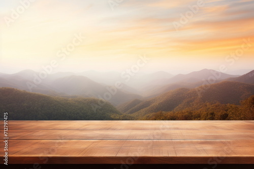 wood table top counter with evening landscape background