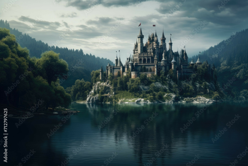 A mystical lake with a castle in the background, with a magical atmosphere