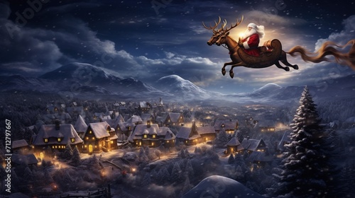 Santa Claus flying over a snowy village in a sleigh pulled by reindeer, with a full moon in the background.