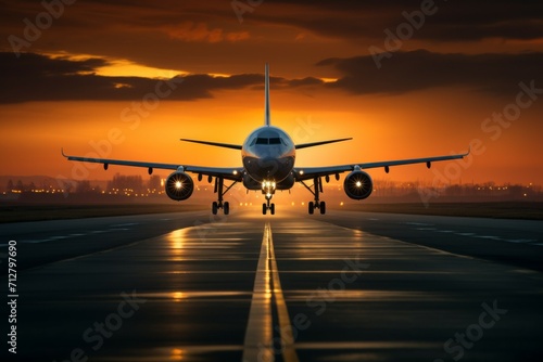 Passenger plane at the airport on the runway. Background with selective focus and copy space