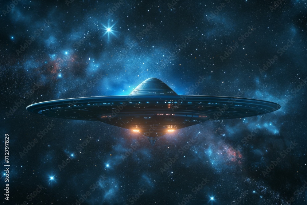 Flying saucer in space. Background with selective focus and copy space Flying saucer in space. Background with selective focus and copy space