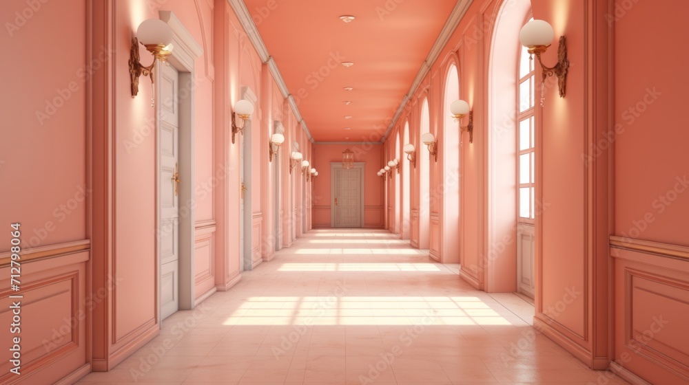 Peach colored hotel hallway with multiple doors and polished floor. Perfect for hotel design, luxury apartment complexes, hospitality marketing, and architectural visualization.