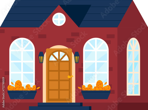 Cartoon red brick house front with blue roof, door and windows. Facade of cute urban cottage with plant decor. Cozy townhouse exterior vector illustration. © Seahorsevector
