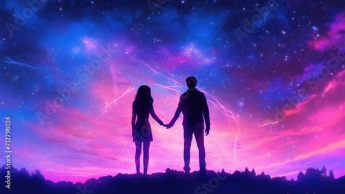 Silhouetted figures against cosmic background  holding hands. Fantasy illustration in purple and blue colors. Concept of connection with universe. Good for themes of unity  exploration  digital art.