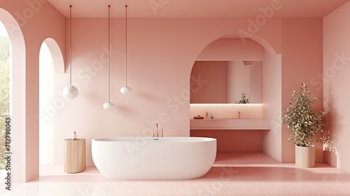 Contemporary trendy Peach bathroom setup in sunlight. Minimalist style. Perfect for architectural digest content, interior design, luxury home marketing, home decor