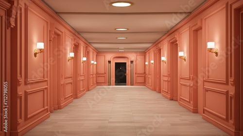 Peach colored hotel hallway with multiple doors and polished floor. Ideal for hotel design, luxury apartment complexes, hospitality marketing, and architectural visualization.