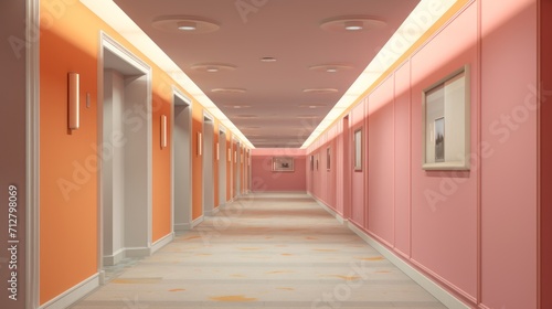 Opulent hotel hallway with multiple doors and polished floor in a trendy Peach color. Ideal for hotel design  luxury apartment complexes  hospitality marketing  and architectural visualization.