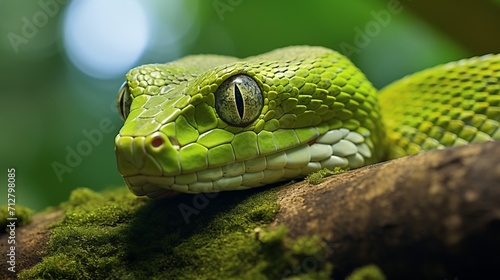 Lush jungle setting with a vividly green snake showcasing intricate macro details on tree branch