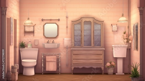 Victorian style restroom room in trendy Peach color. Suitable for antique themed spaces, traditional home bathrooms, and elegant design showcases.