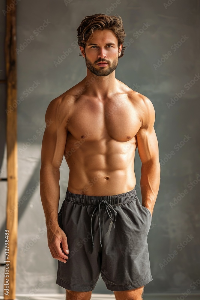 Brutal man with pumped up muscles, vertical portrait. Background with selective focus and copy space