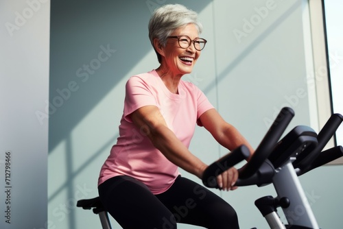 An old woman is training in the gym. Background with selective focus and copy space