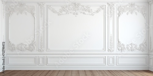 The beautiful white wall is adorned with intricate plaster moldings. photo