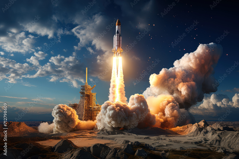 A rocket launching into space with tremendous speed, symbolizing the propulsion and velocity of space exploration. Concept of cosmic travel. Generative Ai.