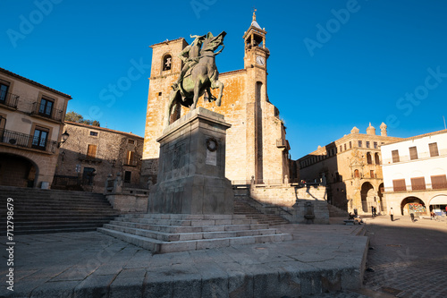 Pizarro statue and Plaza Mayor Square in Trujillo, Spain. High quality photo