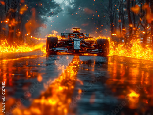 A burning Formula 1 car on a race track. Formula 1 tires on fire.