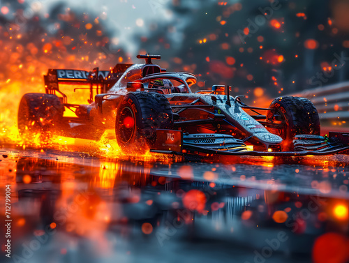 A burning Formula 1 car on a race track. Formula 1 tires on fire.