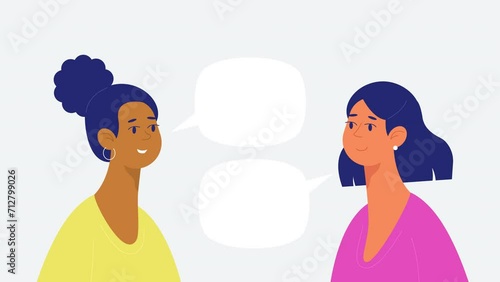 Female colleagues characters speaking, speech bubble, copy space for text. 2d flat style. Talking mouth. 4K video. Alpha channel.