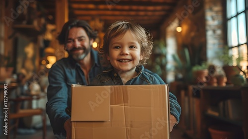 Smiling child holding cardboard box, happy father behind. joyful family moments. AI © Irina Ukrainets