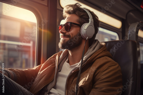 A commuter engaging in a morning podcast, gaining insights and staying informed during the journey. Concept of morning podcast consumption. Generative Ai.