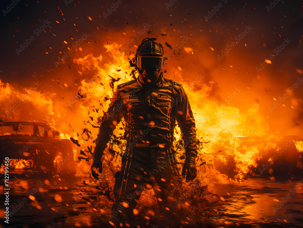 Driver Formula 1 car. F1 pilot in flames after leaving the burning race car. Generative AI Driver Formula 1 car. F1 pilot in flames after leaving the burning race car. Generative AI