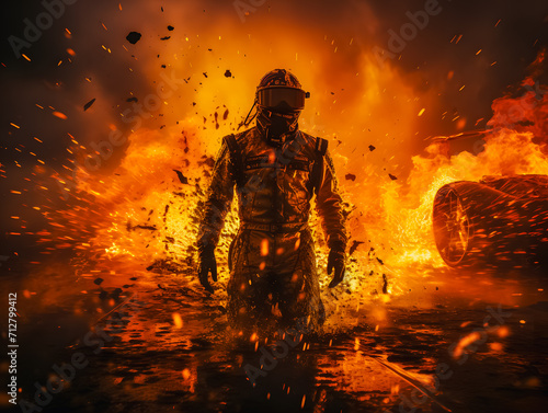 Driver Formula 1 car. F1 pilot in flames after leaving the burning race car. Generative AI