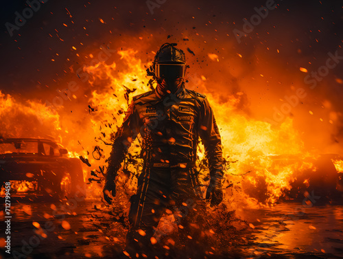 Driver Formula 1 car. F1 pilot in flames after leaving the burning race car. Generative AI © Daniel