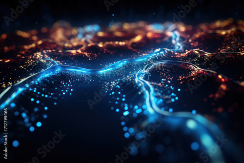 Streams of data particles converging into a digital river, depicting the constant flow of information on the internet. Concept of digital flow. Generative Ai.