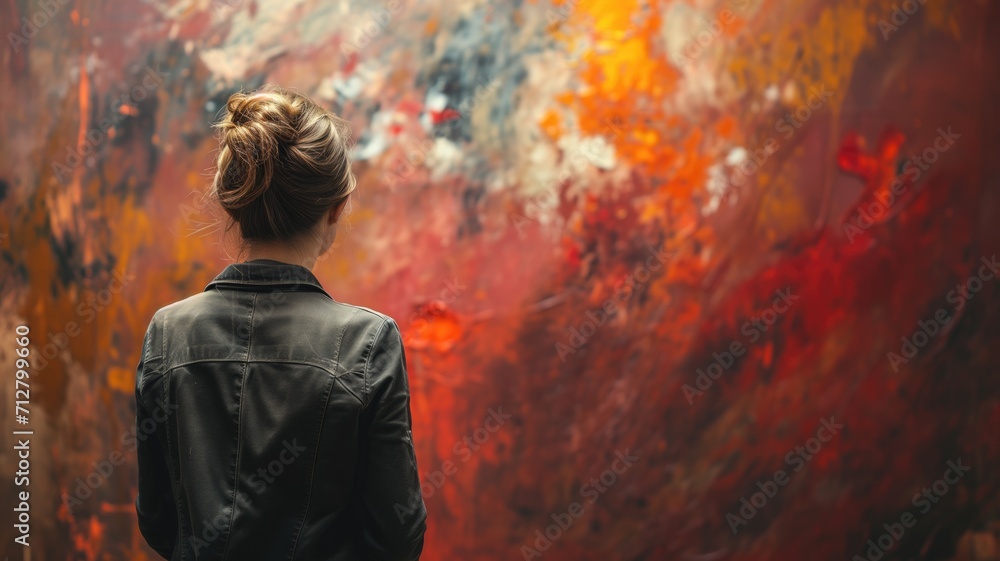 Woman viewing a dramatic abstract painting in red tones