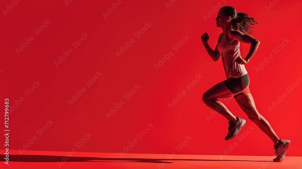 Female runner in motion on a red background