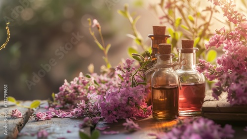 Essential oils with purple flowers in sunlight