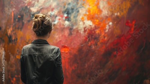 Woman viewing a dramatic abstract painting in red tones