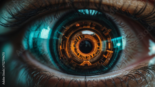 Glimpsing Tomorrow: A Close-Up of a Sci-Fi Cyborg Eye Unveiling the Futuristic Human Gaze   -generative AI