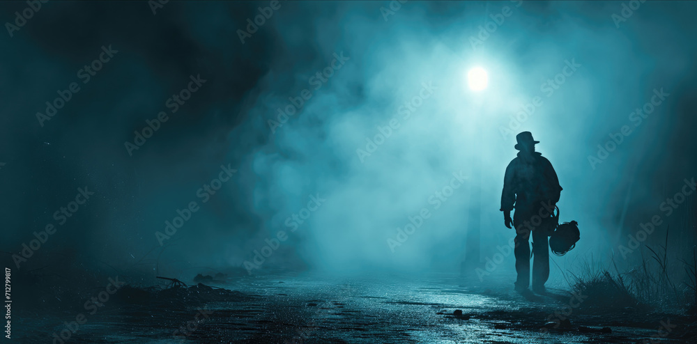 Silhouetted person with a chainsaw standing under a bright moon in a foggy night - obrazy, fototapety, plakaty 