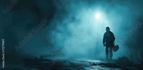 Silhouetted person with a chainsaw standing under a bright moon in a foggy night photo