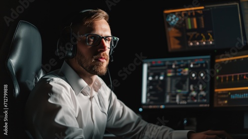 Man with headphones at a trading desk
