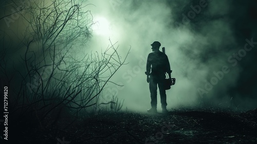Silhouette of a lone man with a chainsaw in a foggy, barren landscape