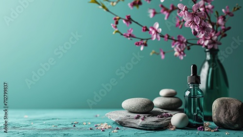Essential oil with stones and cherry blossoms photo