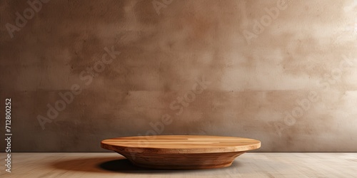 Wooden table with blank background in a brown cement room for product display, mockup, and advertising.