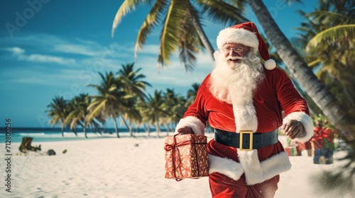 Santa Claus in a tropical setting, delivering presents on a sandy beach with palm trees.