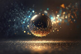 Sparkling disco ball, luxurious dark blue background, sparkling flying sparkles, golden bokeh. Creative holiday design,