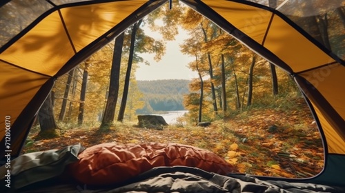 A camping tent in a nature hiking spot view from inside Ai Generative