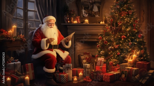 Santa Claus placing gifts under a beautifully decorated Christmas tree in a warm, festive setting.