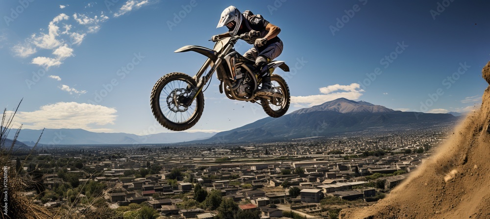 Naklejka premium Off road motorcycle mid air jump over canyon with blue sky background
