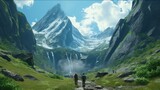 A couple of hikers trekking through a easy mountain Ai Generative